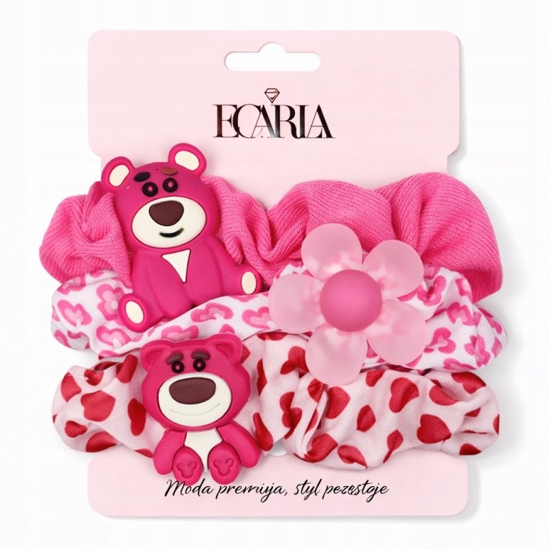 ECARLA Zestaw frotek gumek 3w1 na plakietce Różowe misie kwiat GUM190
