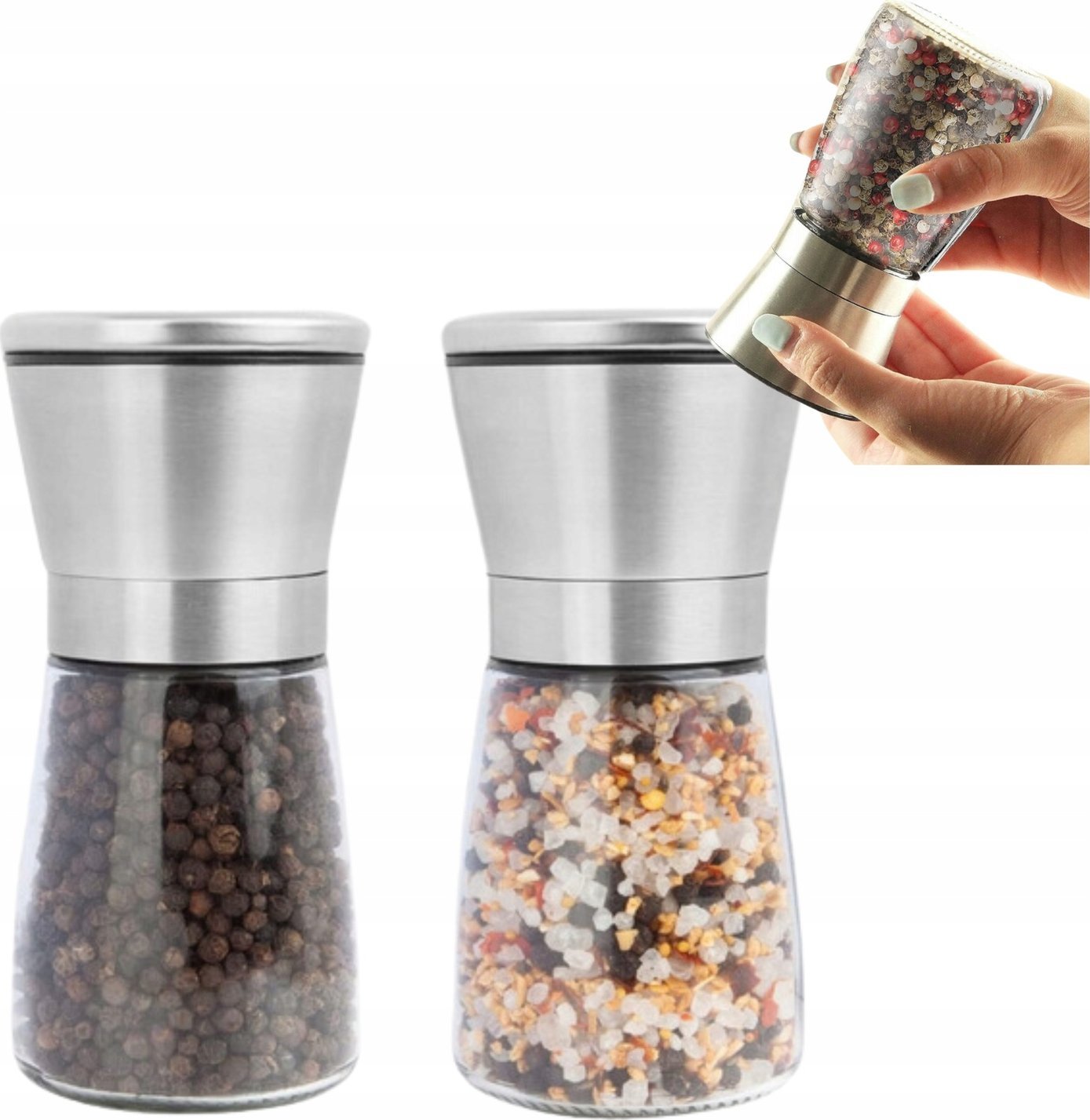 Młynek ręczny do soli pieprzu zestaw 2 młynków przyprawnik solniczka (srebrne)
