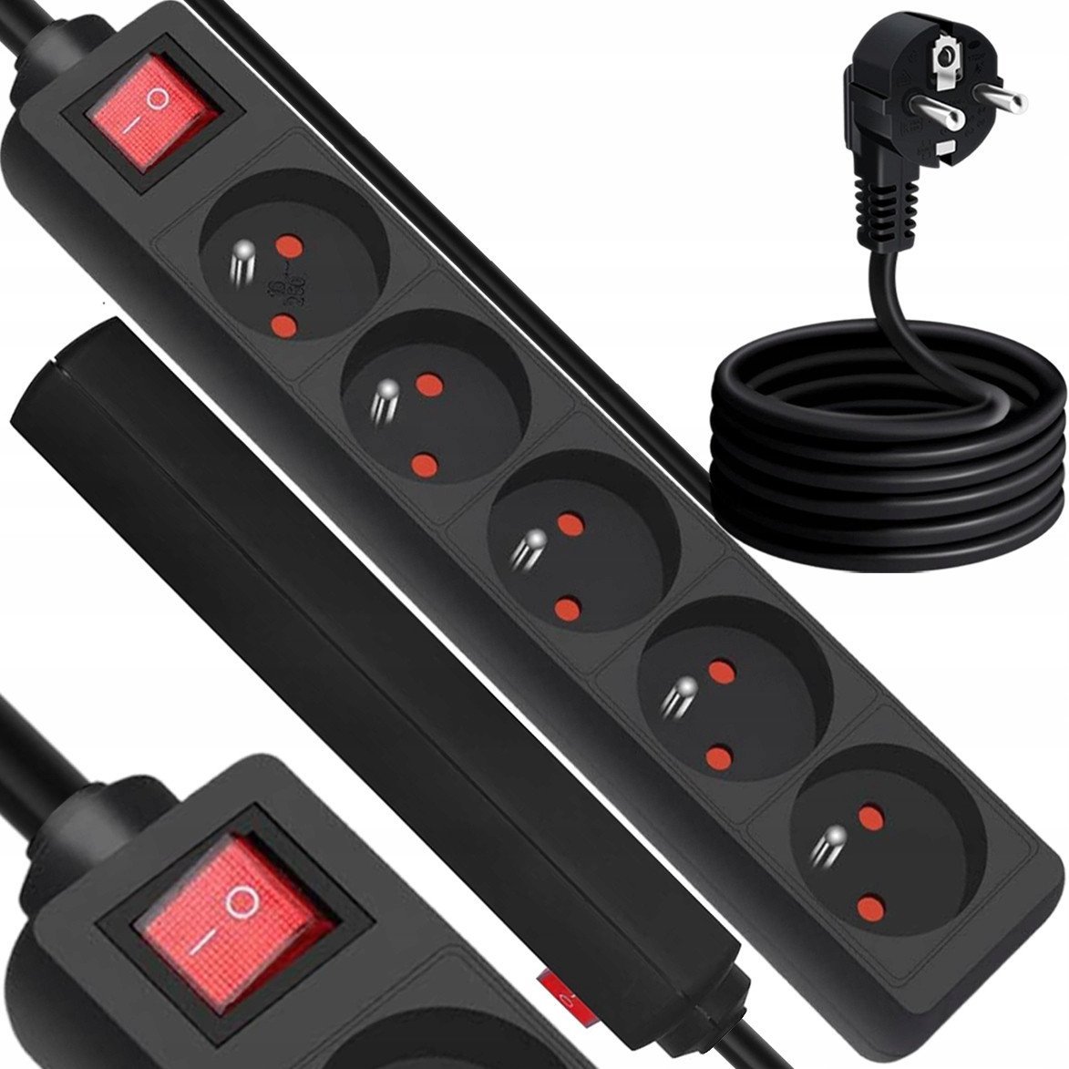 Przedłużacz sieciowy 5 gniazd z uziemieniem i z włącznikiem 3m czarny