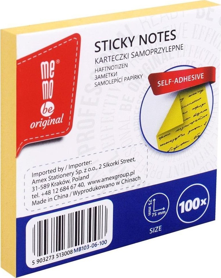 Bloczek samoprzylepny 75x75mm 100K żółty MemoBe