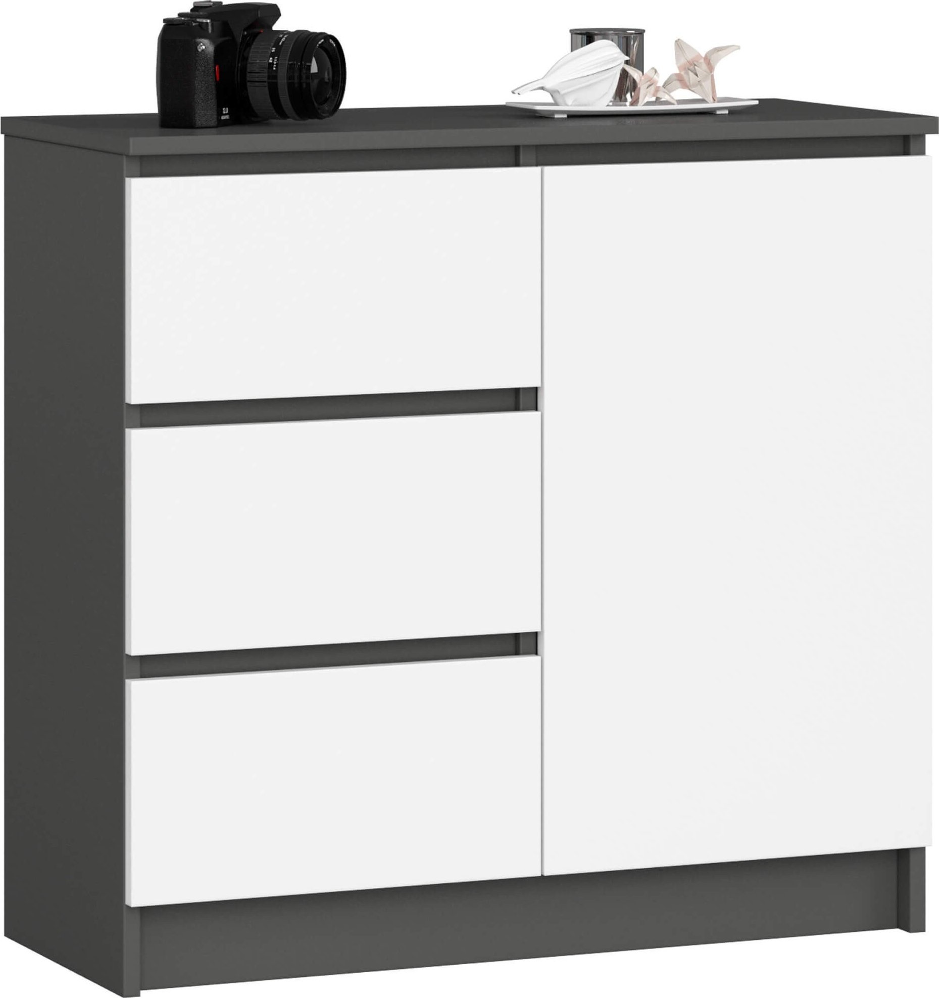 Fabryka Mebli Akord Komoda bezuchwytowa JERRY 80 cm nowoczesna 1 drzwi 3 szuflady 2 półki - grafit szary biała