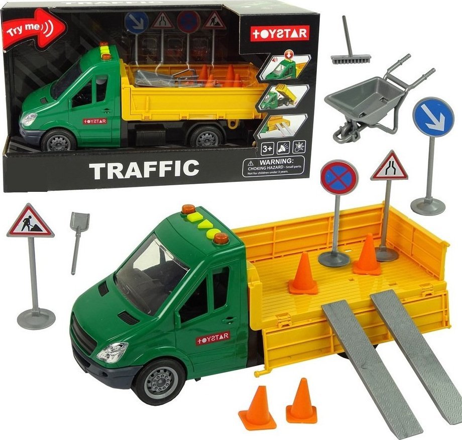 Samochód auto wywrotka znaki drogowe napęd światła