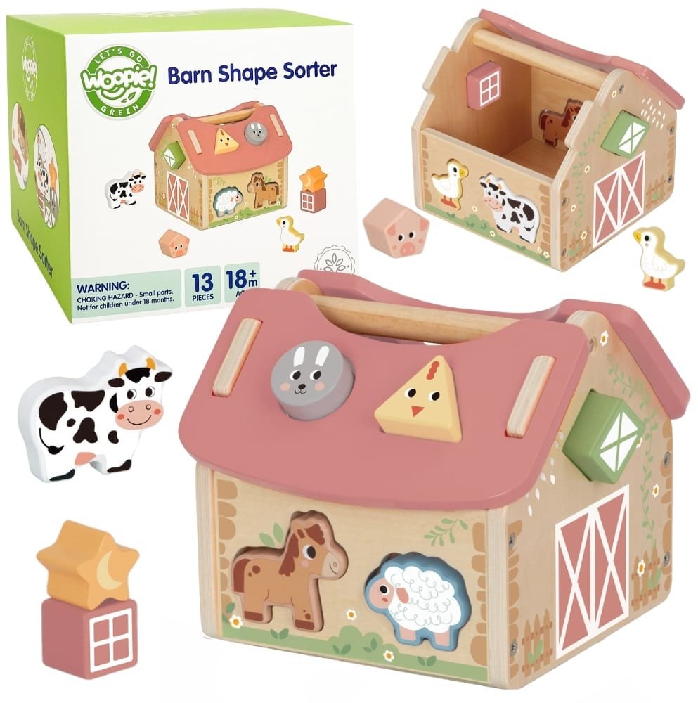 WOOPIE GREEN Drewniana Farma Sorter Kształtów i Kolorów 13 el.