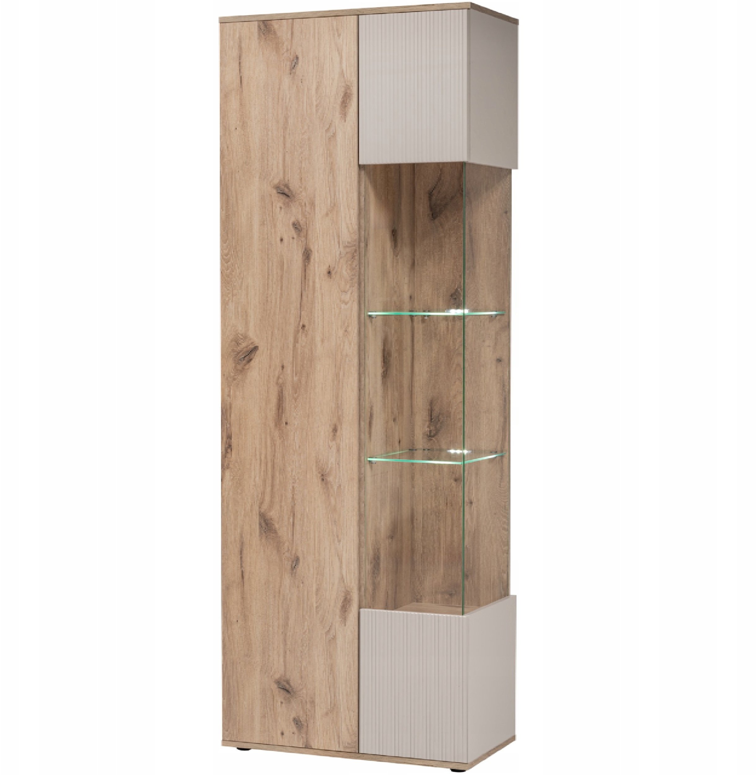 Wysoka WITRYNA CATALINA Przeszklona + LED | Dąb Viking + Kaszmir RYFLOWANY