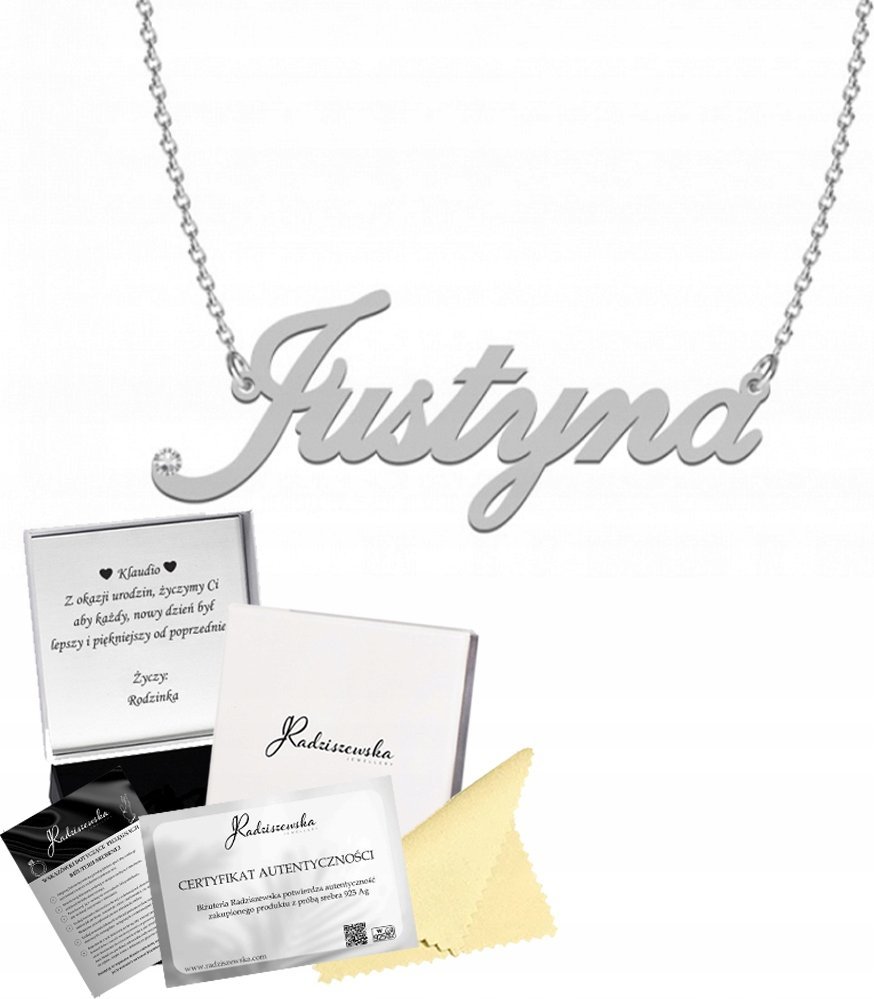 Radziszewska Jewellery NASZYJNIK SREBRNY Z IMIENIEM JUSTYNA ŁAŃCUSZEK PREZENT DEDYKACJA GRATIS