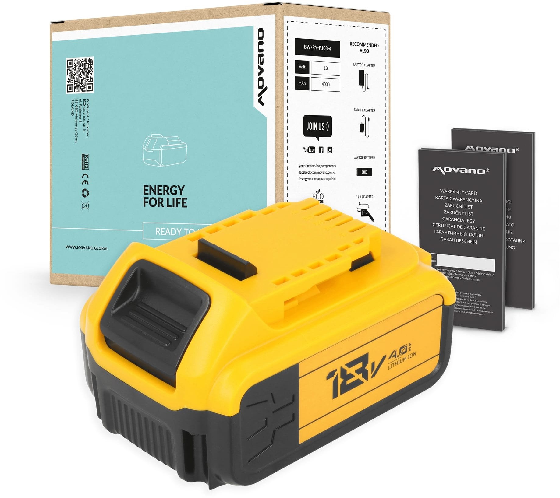 Bateria Movano do DeWalt DCB180, DCB200, DCB205 (4000 mAh)