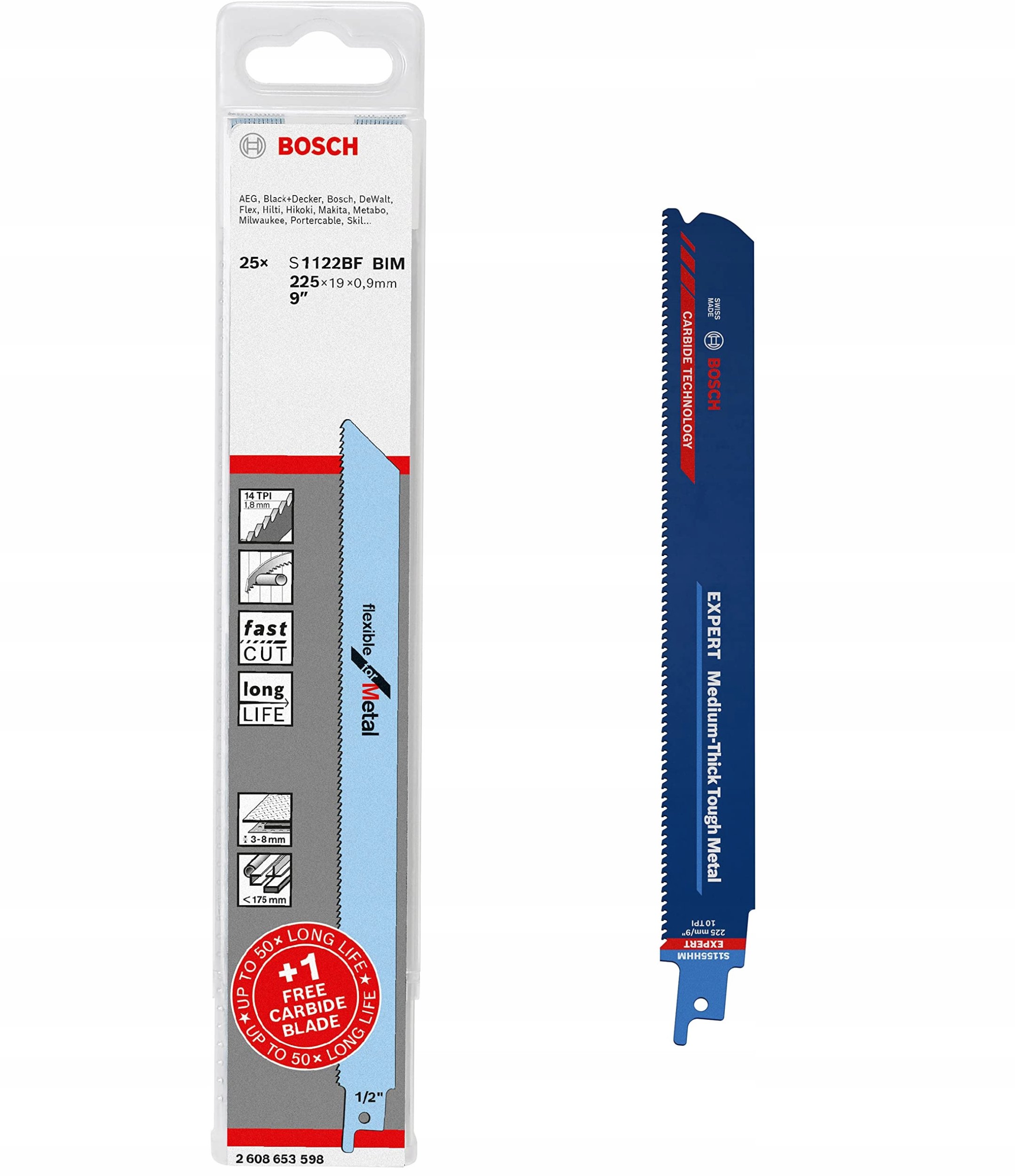 Bosch Professional 25x S 1122 BF + 1x Expert Medium-Thick Tough Metal' S 1155 HHM sabre saw blade (for tough steel, stainless steel