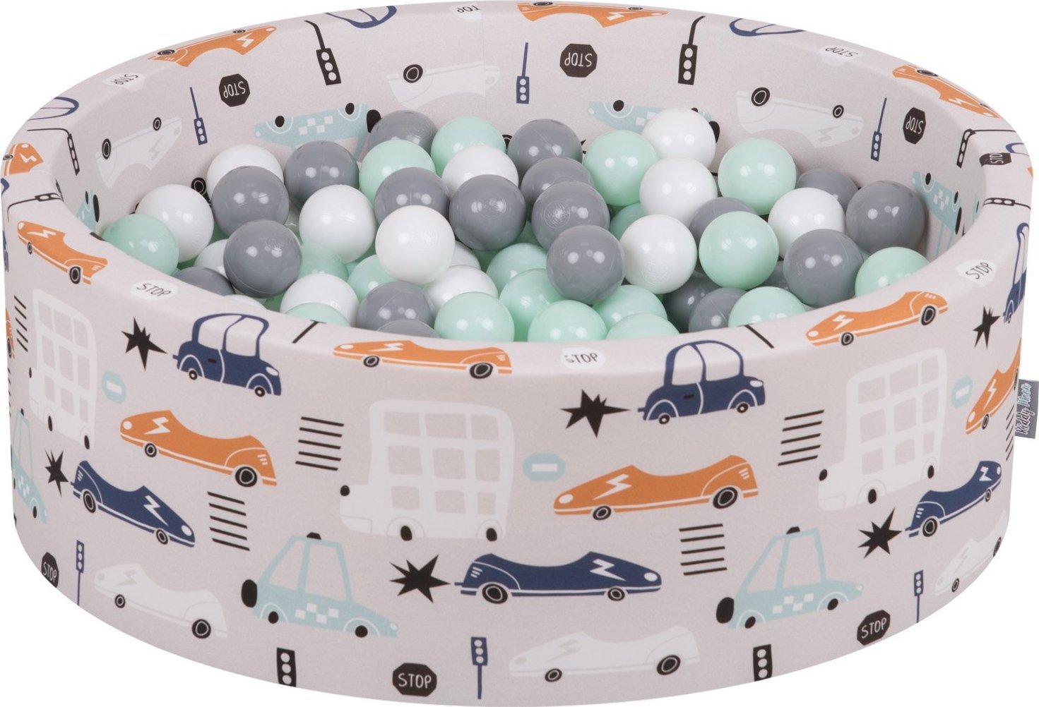 KiddyMoon KiddyMoon Suchy basen okrągły z piłeczkami 7cm samochody-beż: biały-szary-mięta 90x30cm/200piłek Zabawka basen piankowy