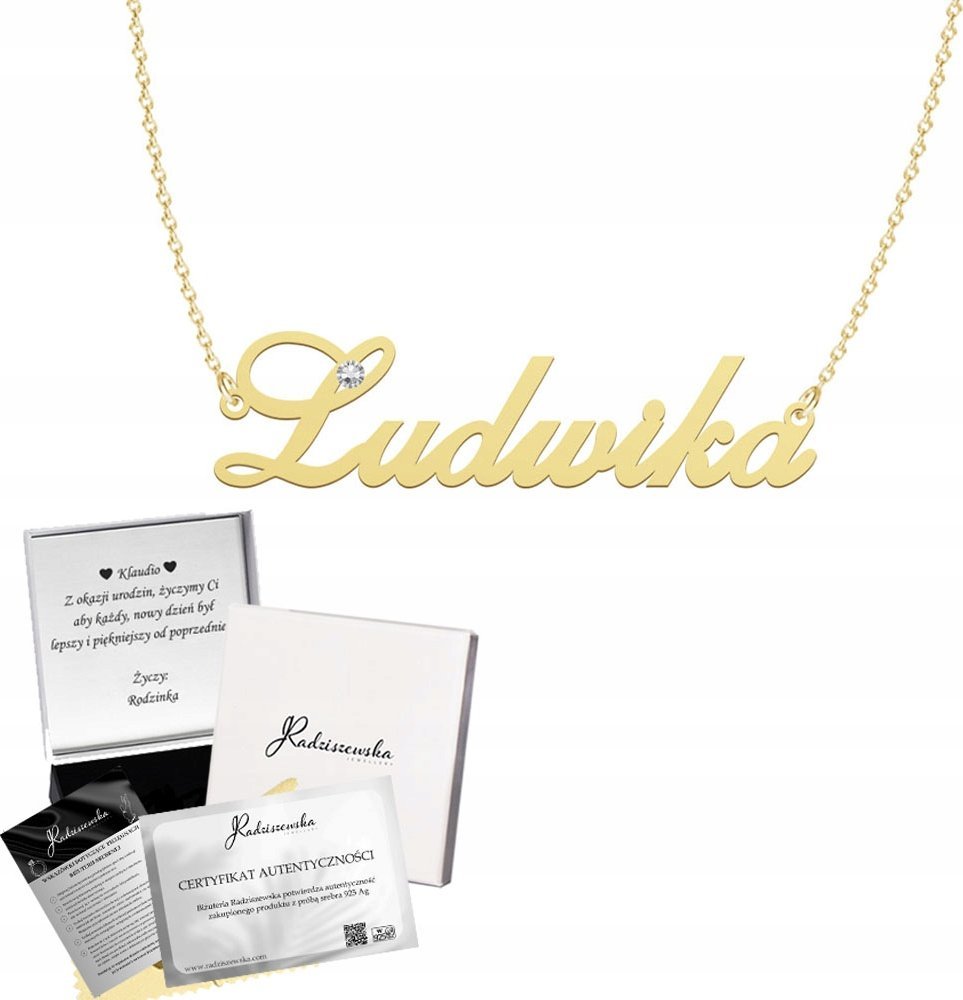 Radziszewska Jewellery Złoty Naszyjnik z imieniem LUDWIKA Łańcuszek SREBRO 925 Prezent Dedykacja