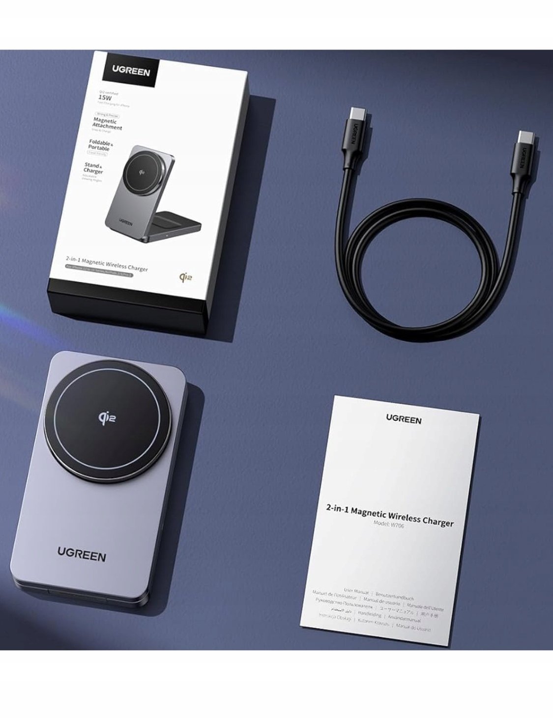 Magnetyczna ładowarka bezprzewodowa 2w1 UGREEN W706 MagSafe 15W (czarna)