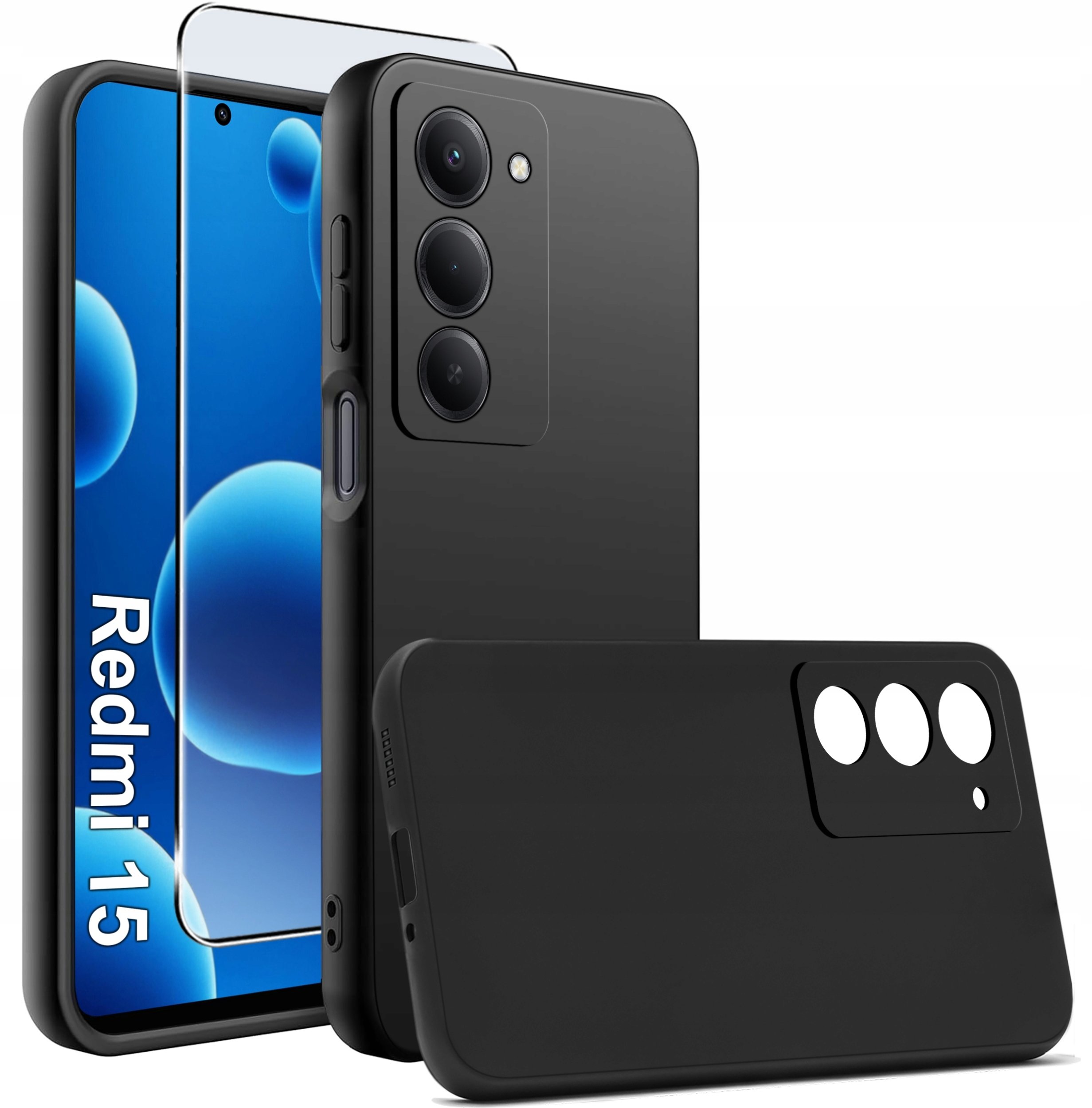 krainaGSM Etui Czarny Matowy Silikon Slim do Xiaomi Redmi 15 4G | 5G + SZKŁO 9H