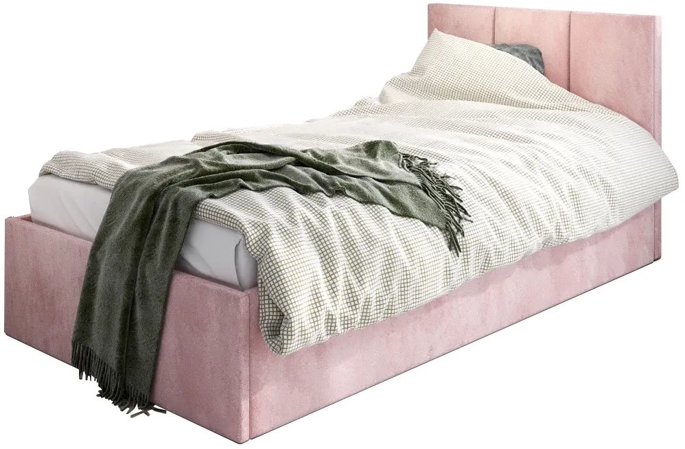 Łóżko młodzieżowe VIVO 90x200 różowe z tapicerowanym panelem i pojemnikiem na pościel MKPOL