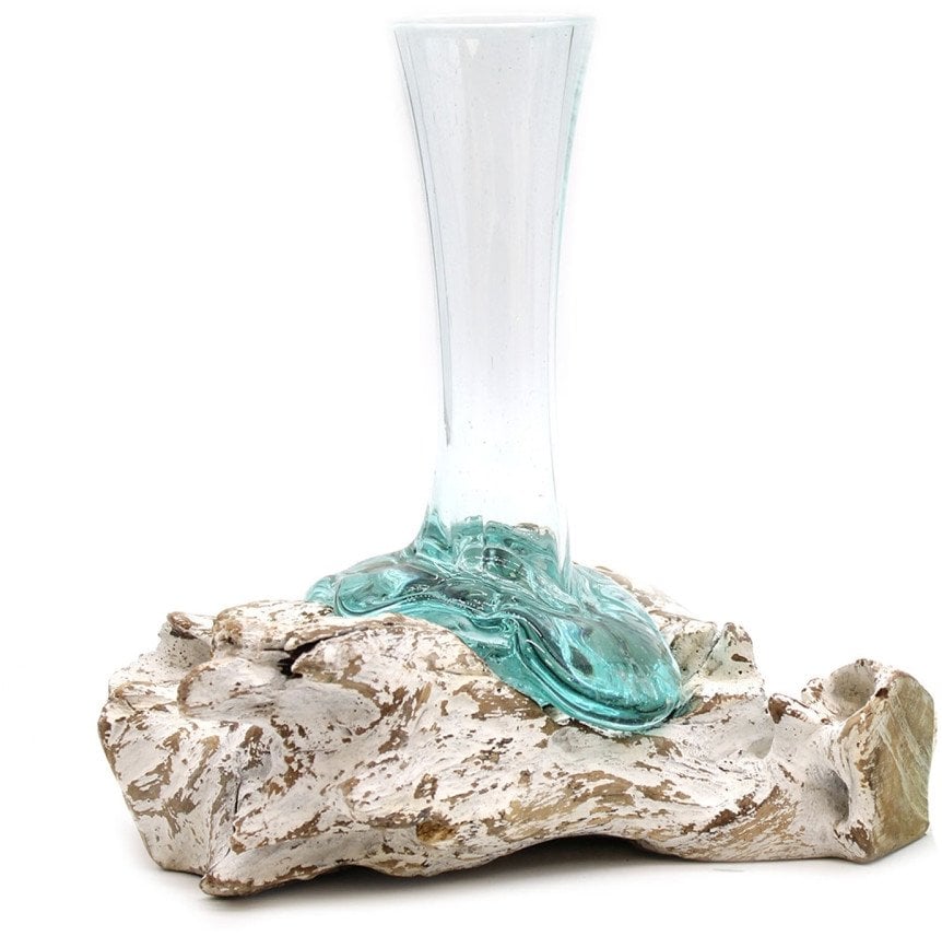 Szklany Wazon Wtopiony w Drewno - Wąski Średni