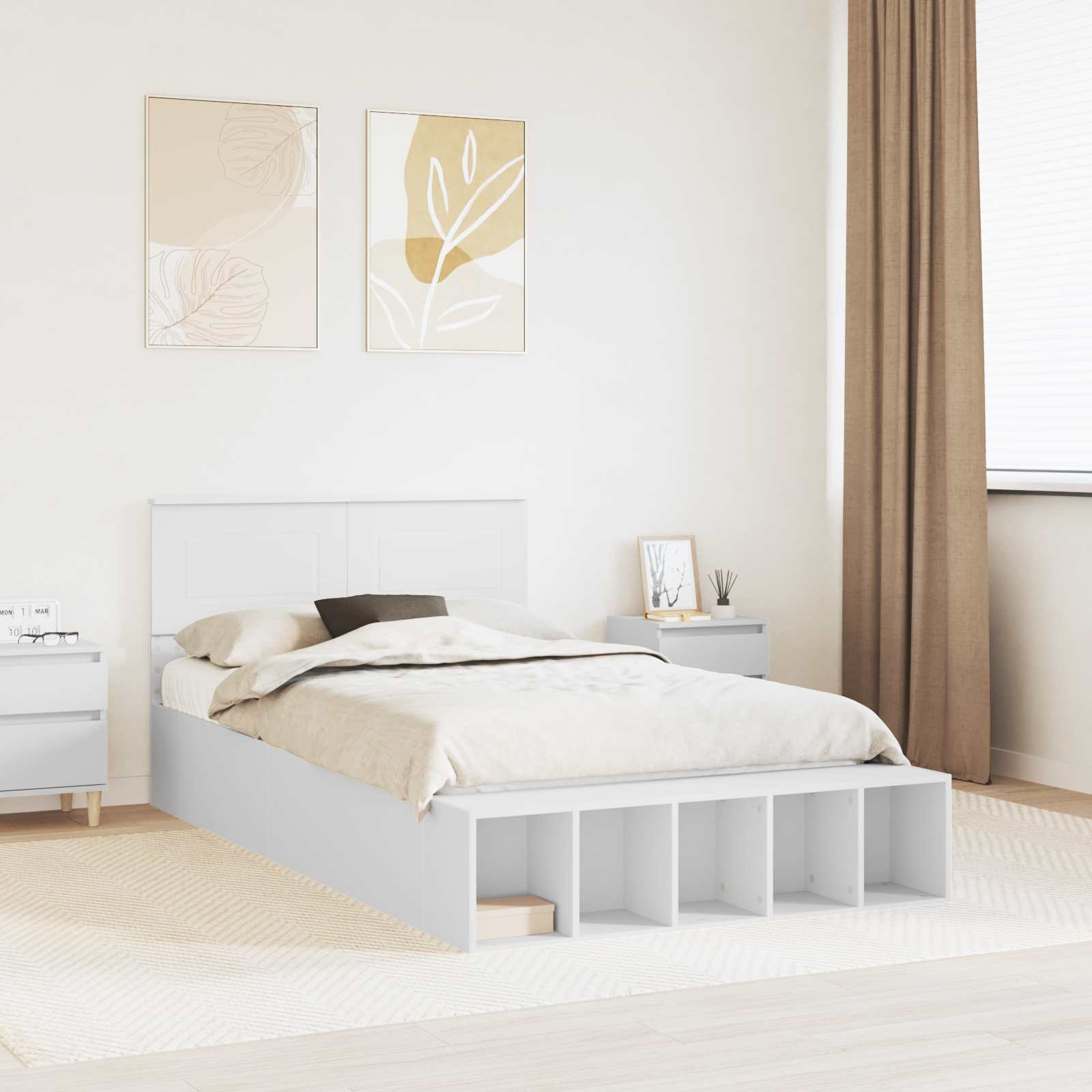 vidaXL Ramka łóżka z półką Biały 135 x 190 cm Materiał drewnopochodny