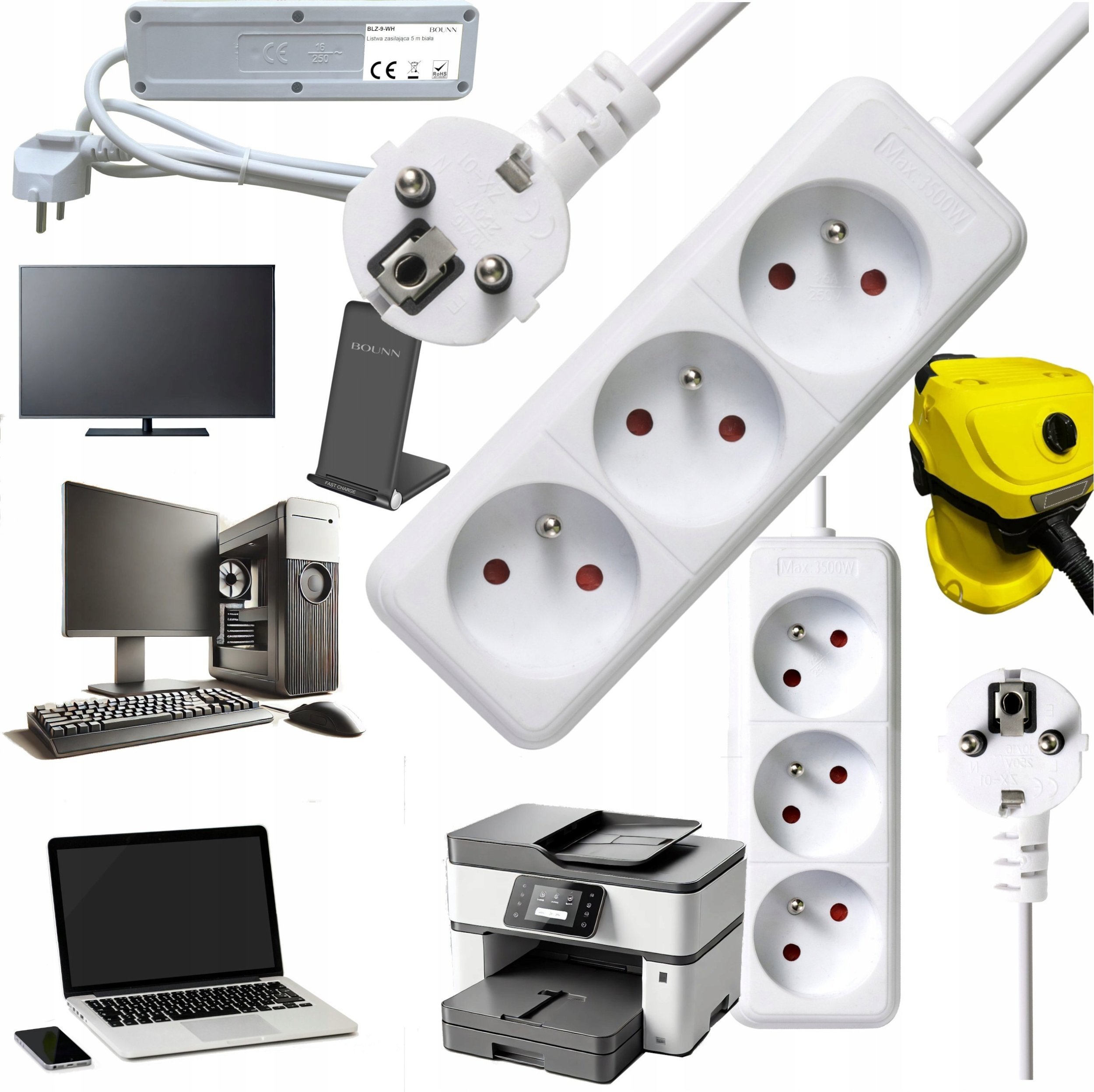 Listwa zasilająca Bounn BOUNN listwa zasilajÄca 3 gniazda 5 m biaÅa 16A