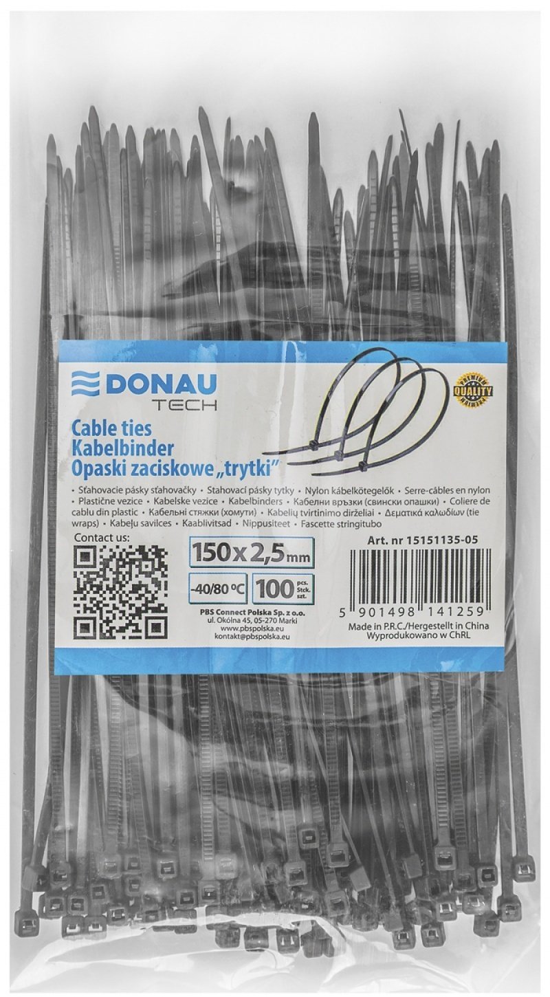 Opaski zaciskowe/trytytki DONAU TECH, 150x2,5mm, 100szt., temp. -40/80, czarne