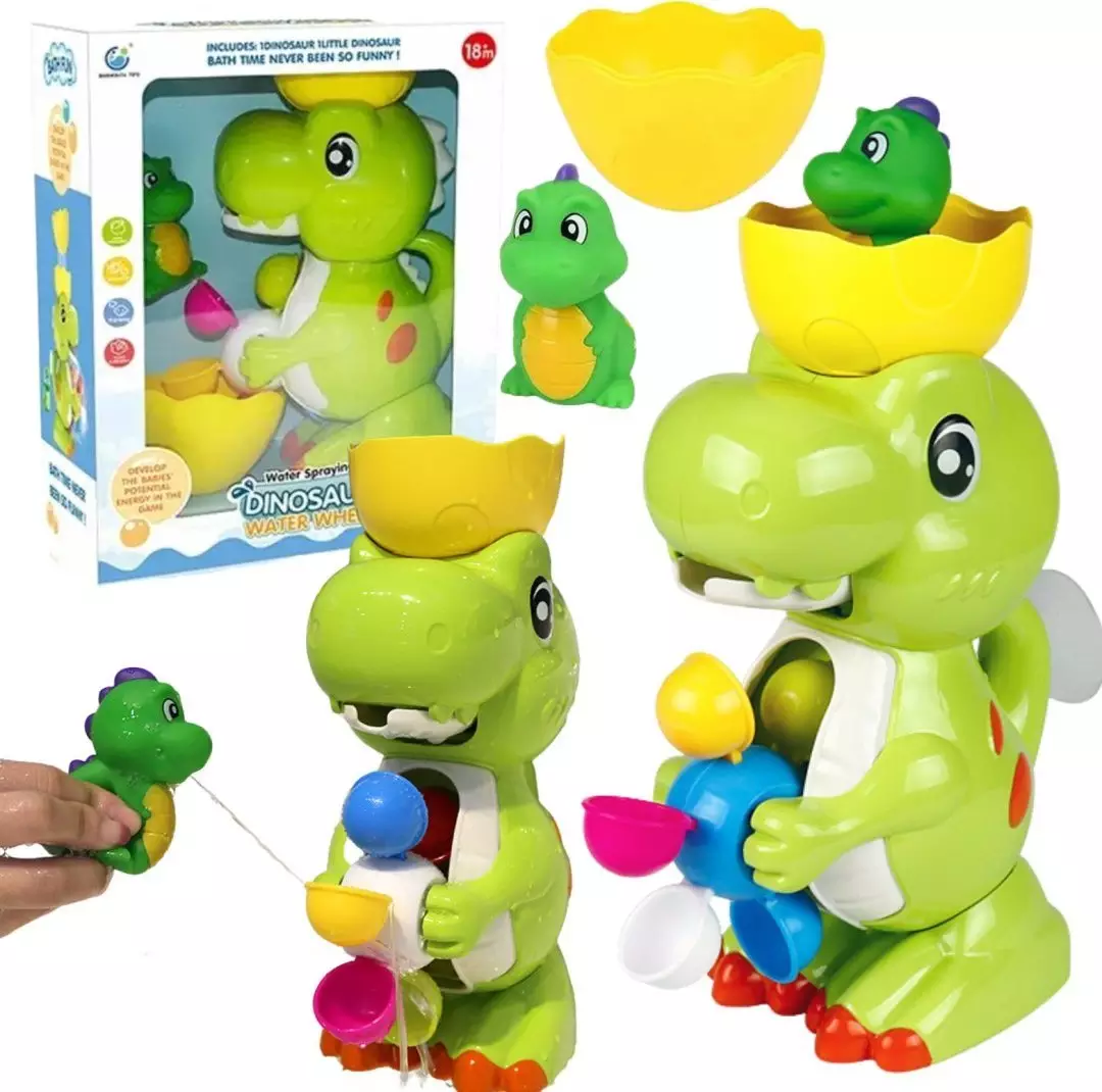 DINOZAUR Z KOŁOWROTKIEM ZABAWKA DO KĄPIELI MAŁY DINOZAUR KUBECZEK