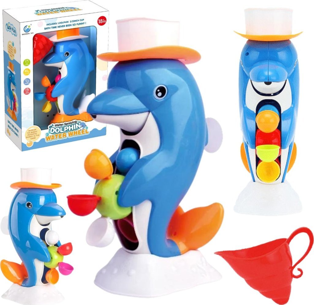 DELFINEK Z KOŁOWROTKIEM DO KĄPIELI ZABAWKA WODNA MAŁY DZBANEK KAPELUSZ