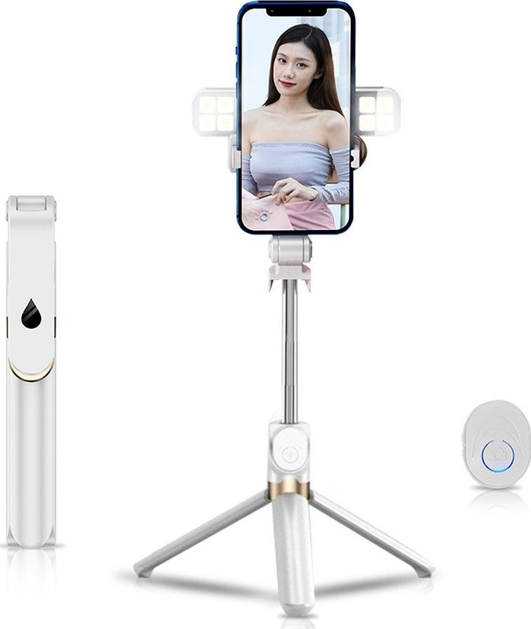 Selfie stick OEM Zestaw / uchwyt selfie z pilotem na bluetooth tripod LED SSTR-20 biały