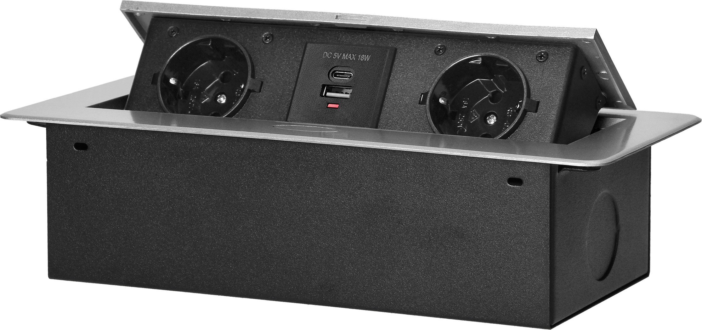 Orno Gniazdo meblowe wpuszczane w blat z płaskim frezowanym rantem i ładowarką USB, 2x2P+Z (Schuko),2x USB (typ A+C; 3,6A), srebrne