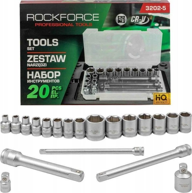 Zestaw narzędzi Rockforce Zestaw narzędzi 3/8" 20el. z nasadkami (6-22mm), adapterami i przedłużkami