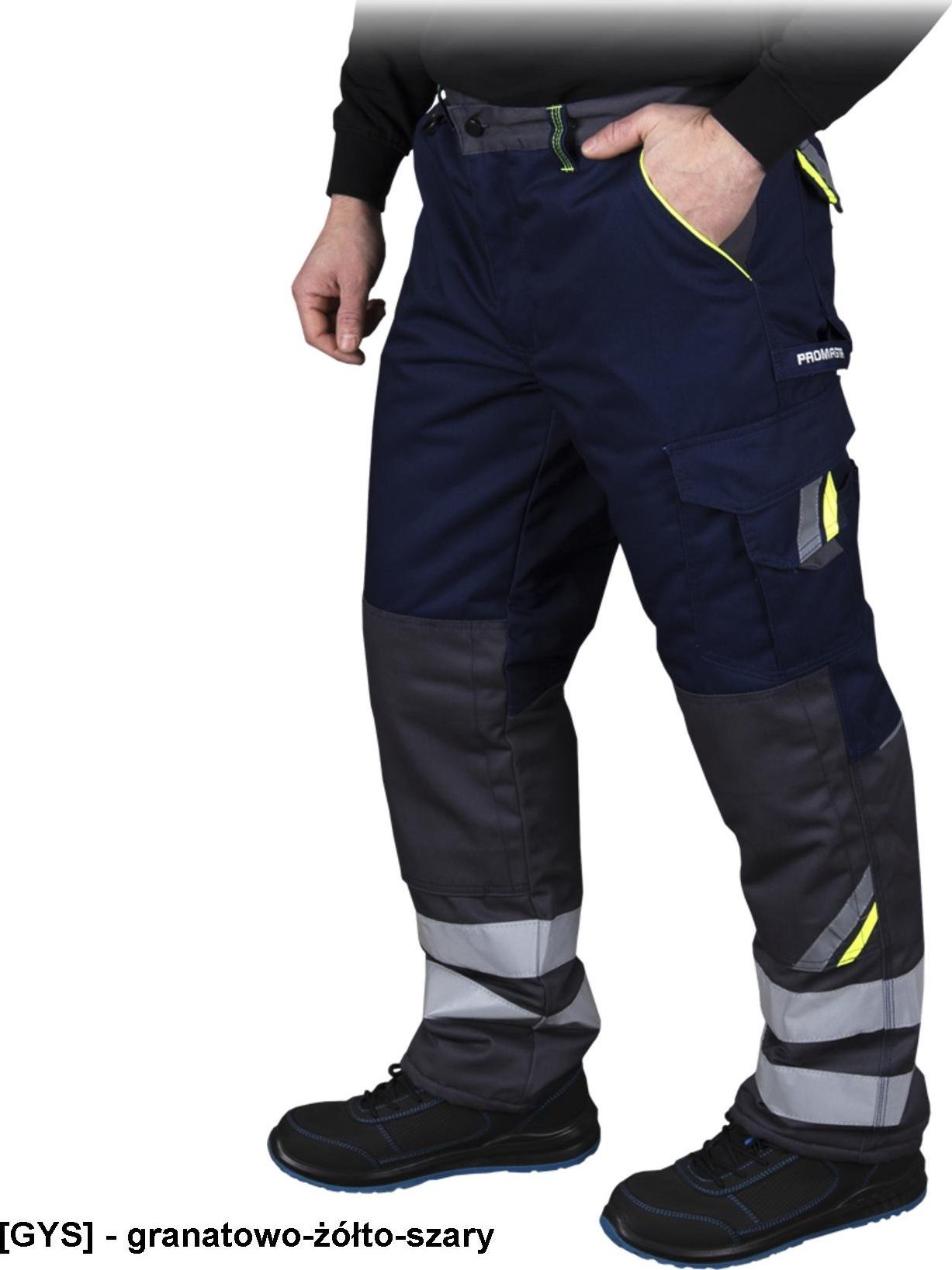 R.E.I.S. PROM-WIN-T - spodnie ochronne ocieplane do pasa, tkane, 5 kieszeni, kieszenie na nakolanniki, pasy odblaskowe, zapięcie guzik zamek gumka pas