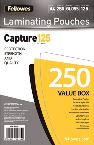 Fellowes Fellowes A4 Glossy 125 Micron Laminating Pouch 250-Value Pack - 5314903