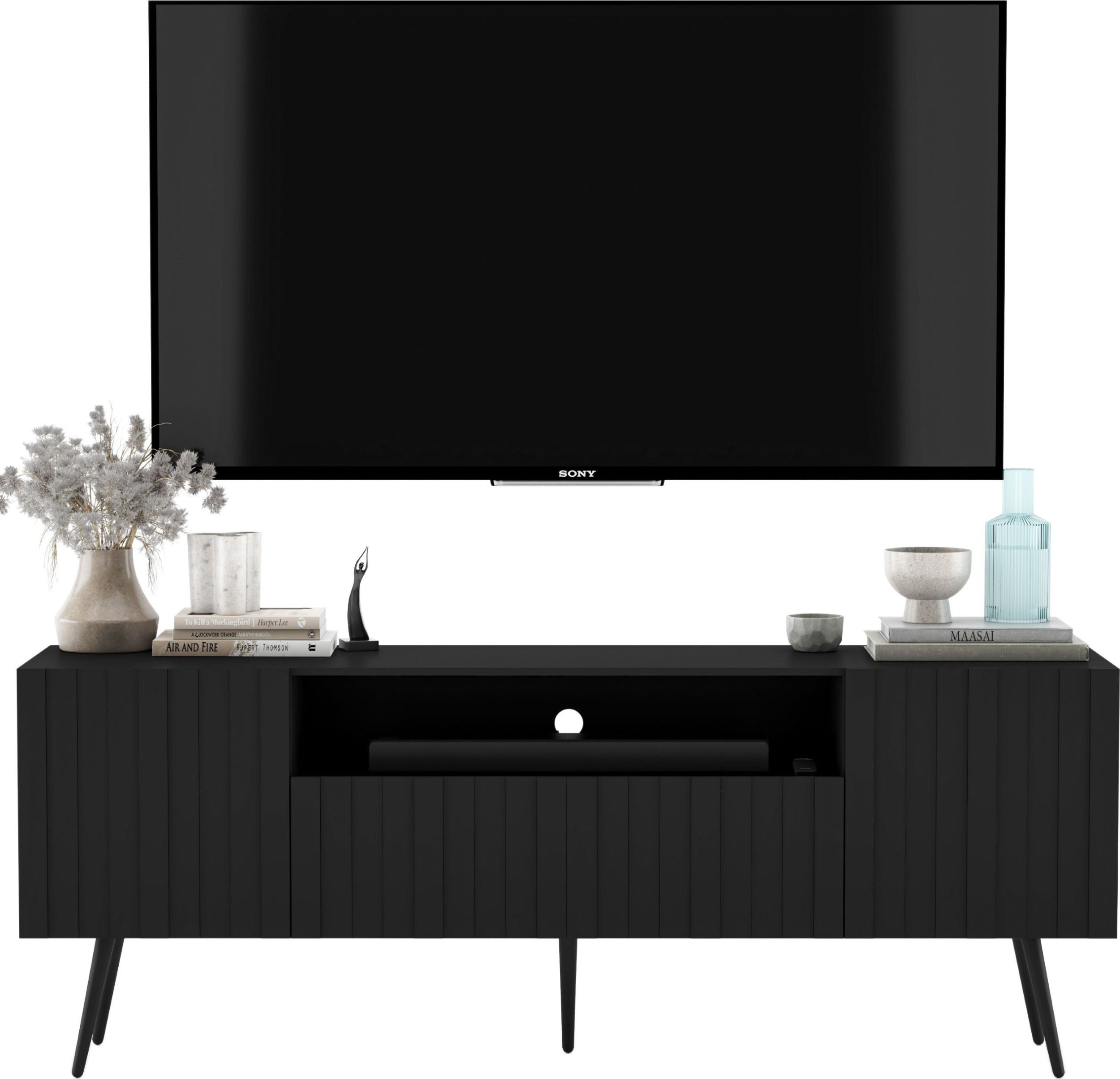 Meble Lindner Meble Lindner Loft Szafka RTV Czarny Mat Nowoczesna Komoda RTV Glamour 150 cm Ryflowane fronty Nogi Czarne Metalowe