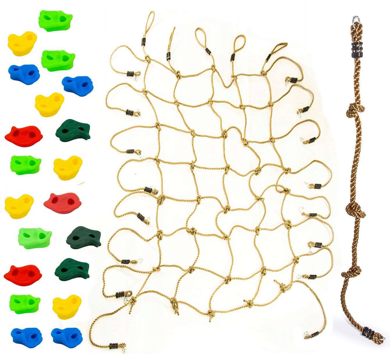 Zestaw akcesoriów na plac zabaw - siatka do wspinaczki 150x200cm lina wspinaczkowa i zestaw kamieni 20 szt.