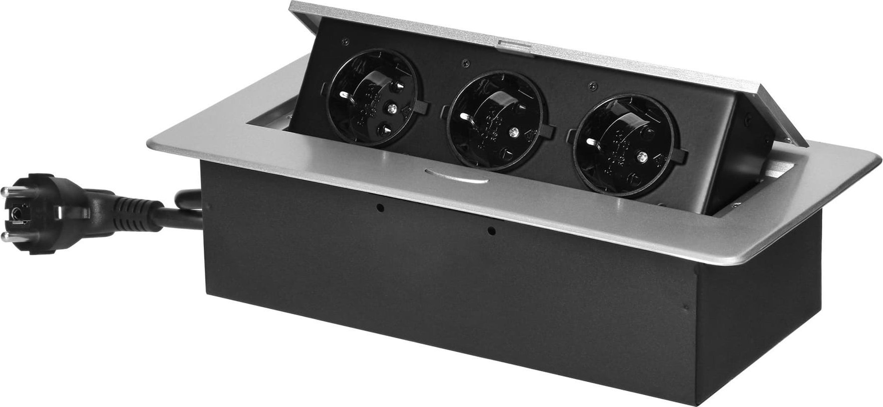 Orno Gniazdo meblowe wpuszczane w blat z płaskim frezowanym rantem i przewodem 1,5m, 3x2P+Z (Schuko), srebrne