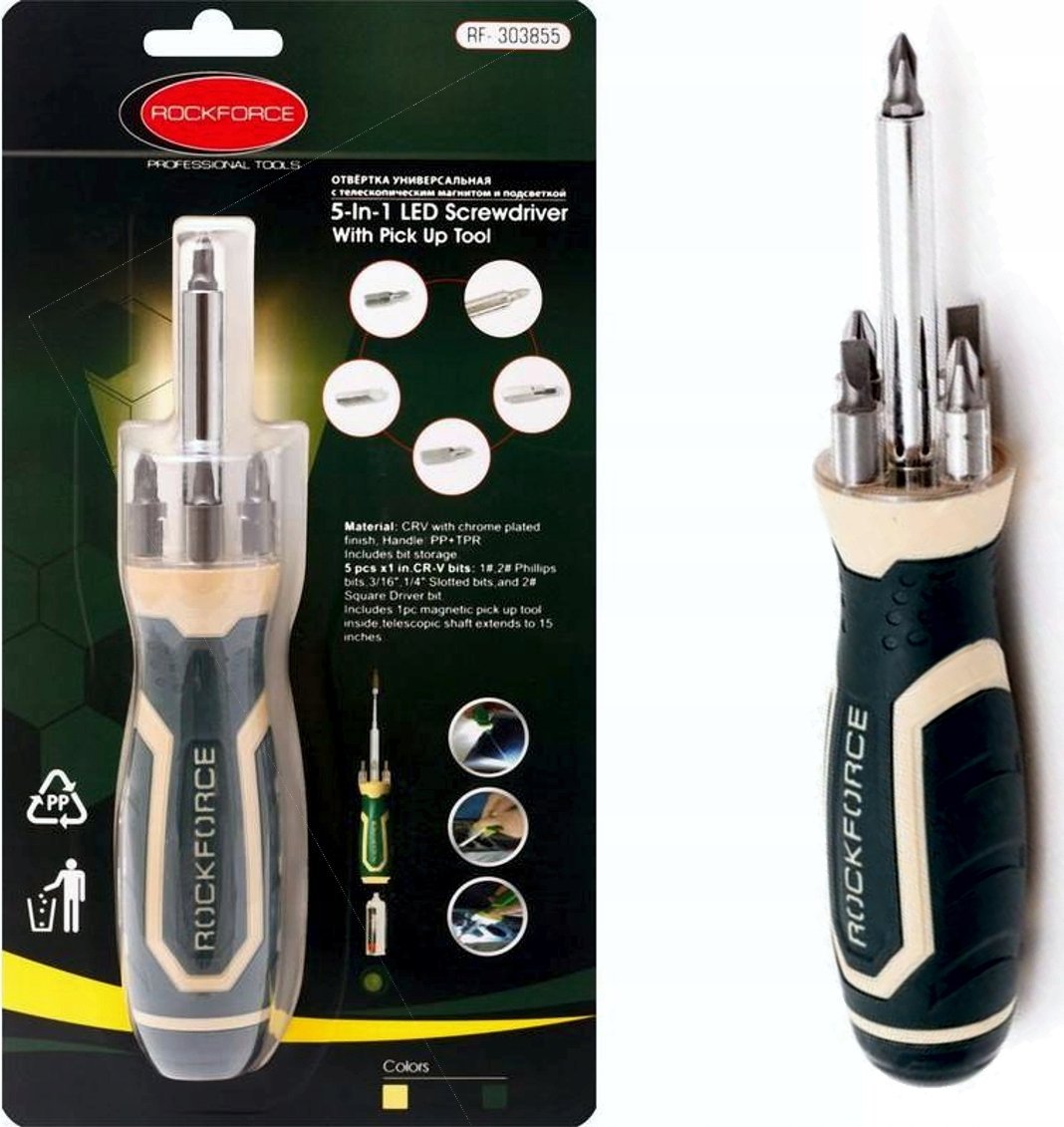 Rockforce Śrubokręt uniwersalny z magnesem podświ etlany 5w1