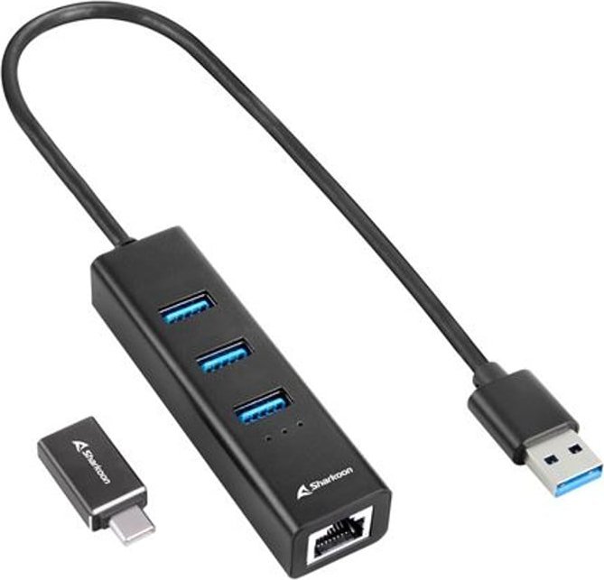 HUB USB Sharkoon Aluminium 1x RJ-45 + 3x USB-A 3.2 Gen1 (4044951037575)