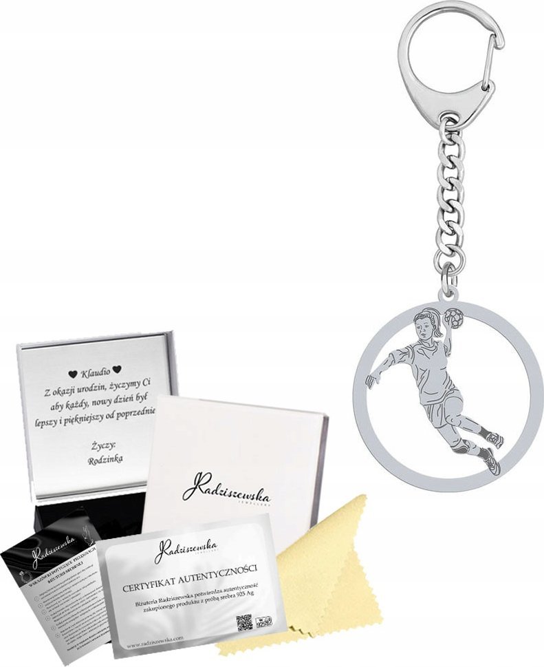 Radziszewska Jewellery Brelok do kluczy Piłka Ręczna Kobieta SREBRO 925 Prezent GRAWER GRATIS
