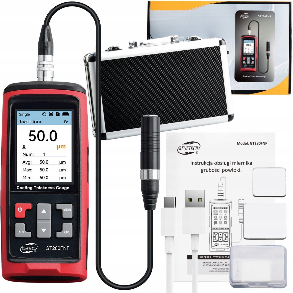 MIERNIK GRUBOŚCI POWŁOKI LAKIERU STAL ALUMINIUM SONDA PRZEWODOWA LCD USB-C