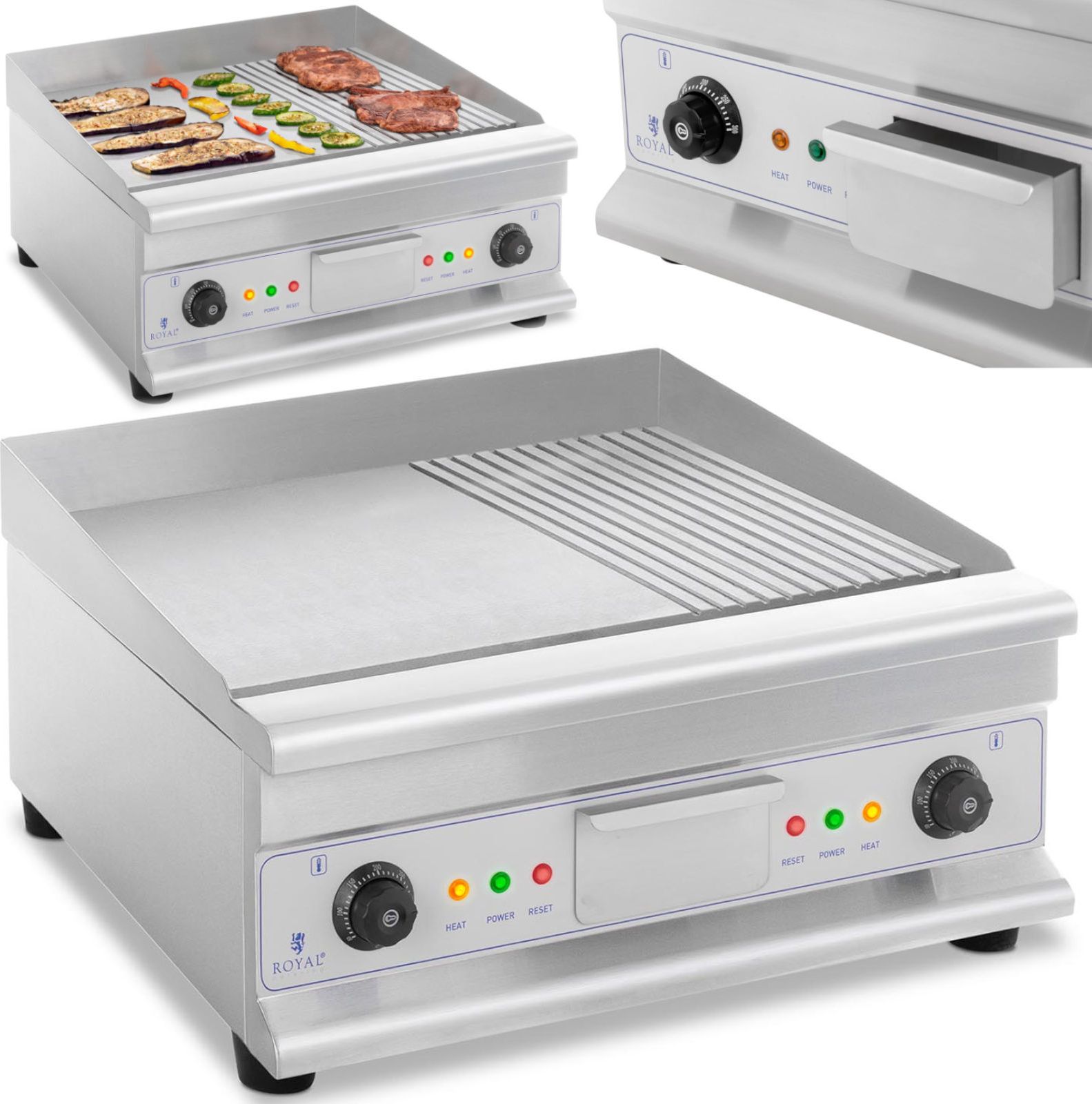 Royal Catering Grill płyta grillowa podwójna gładka ryflowana z szufladą na tłuszcz 230 V 2x 3200 W Grill płyta grillowa podwójna gładka ryflowana z s