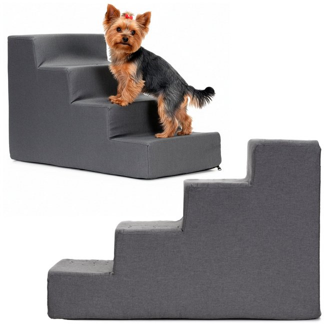 Springos Schodki dla psa do łóżka 40 cm podest, rampa czterostopniowy, miękki ciemnoszary schody UNIWERSALNY