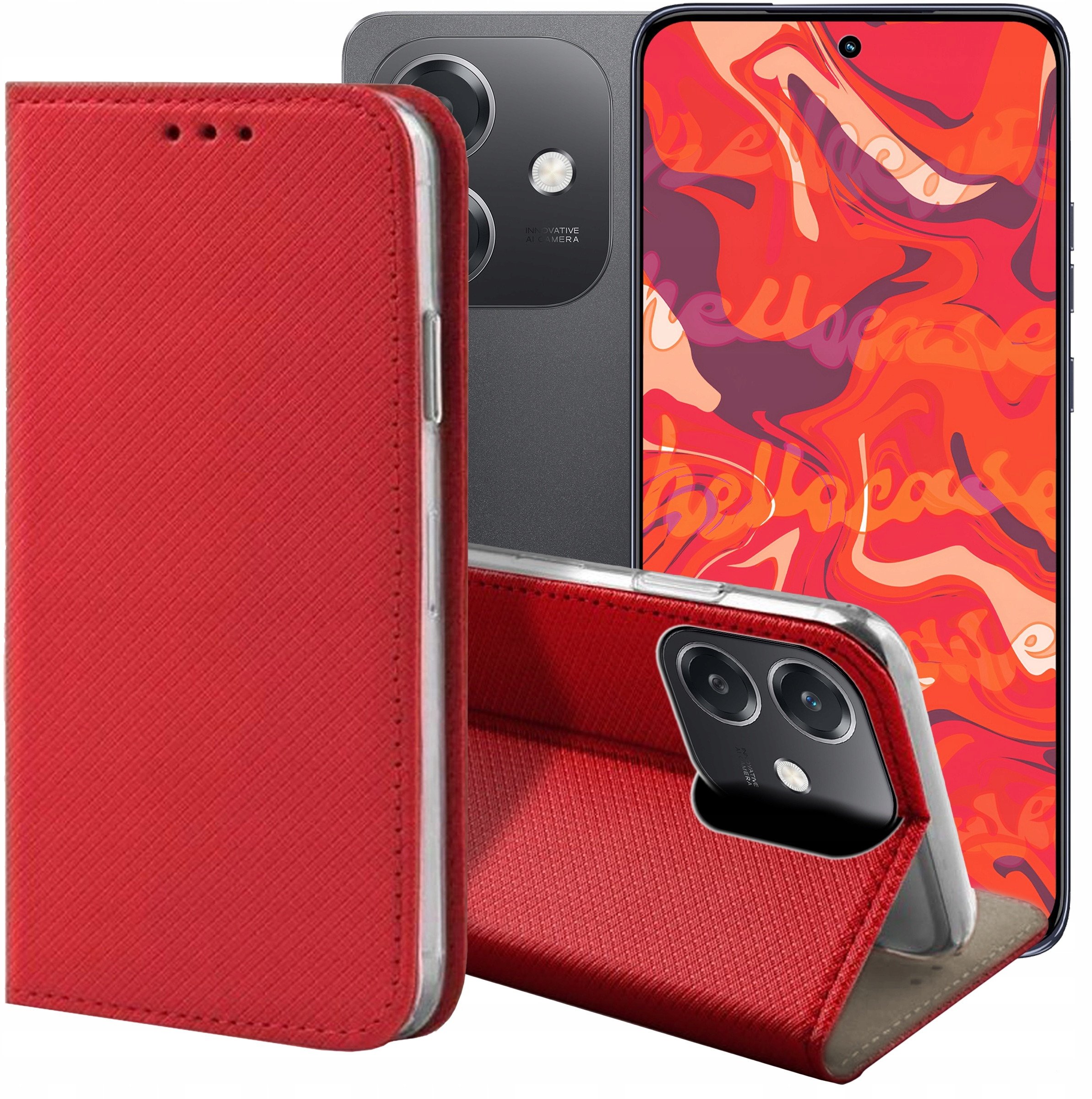 ETUI Z KLAPKĄ DO OPPO A40 CZERWONE ZAMYKANE MAGNETYCZNE KABURA OBUDOWA CASE