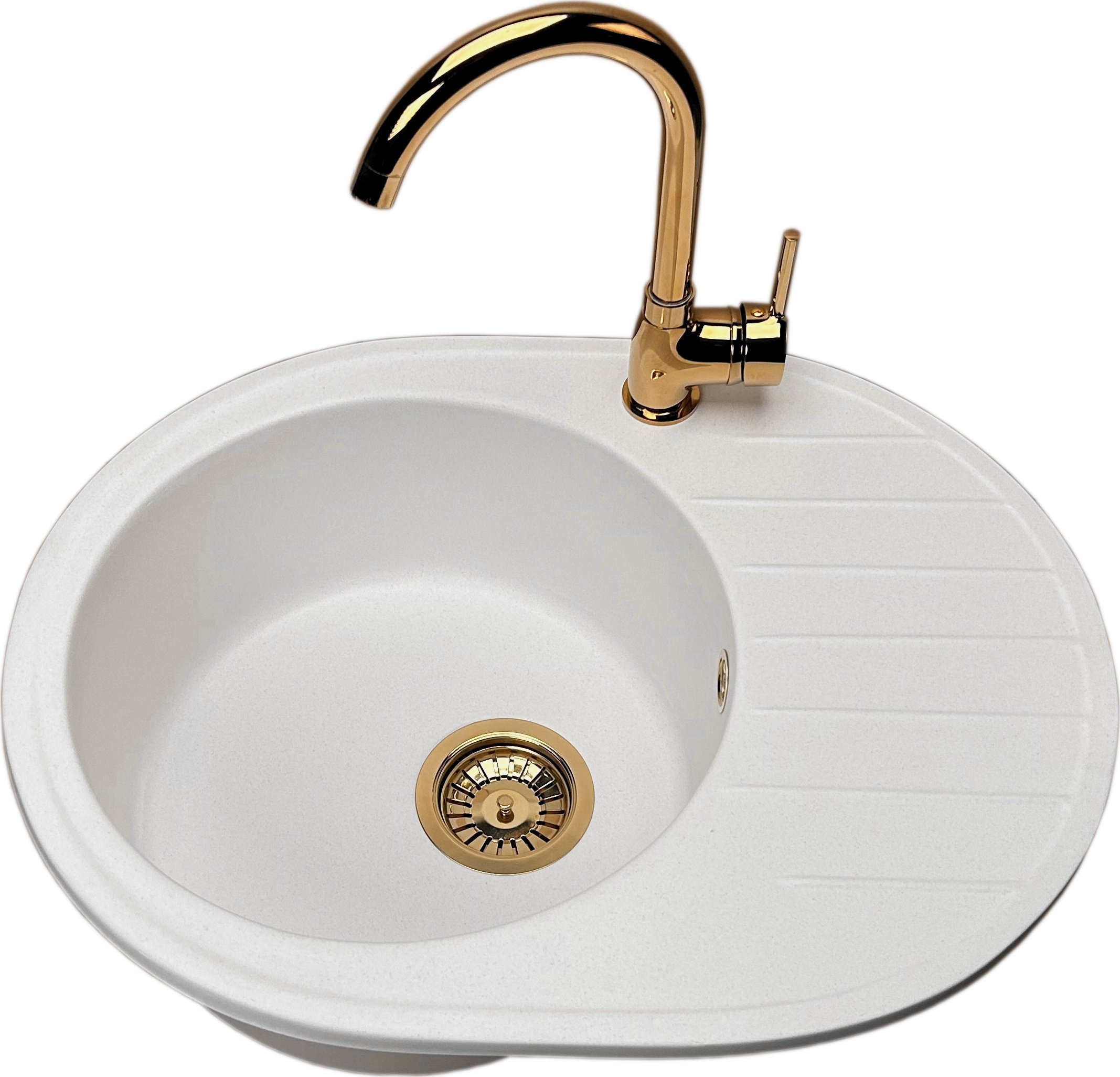 Zlewozmywak PREHNIT Zlewozmywak jednokomorowy z ociekaczem VISTA biały z prawym ociekaczem + bateria złota