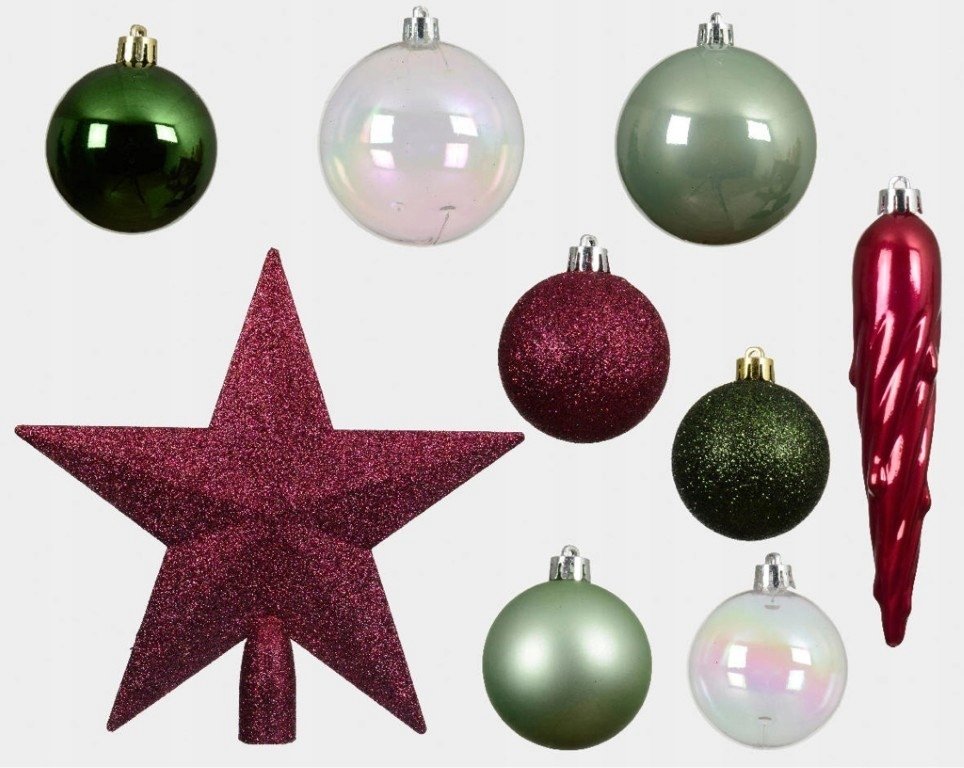 Kaemingk Bombki choinkowe zestaw 33 sztuk z gwiazdą zielono bordowe 8 cm