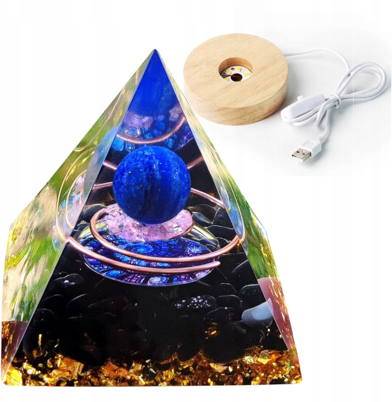 Piramida ORGONIT +LED Lampka PODSTAWA 5cm KRYSZTAŁ KAMIENIE AMULET 5cm HX07