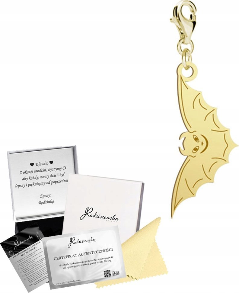 Radziszewska Jewellery Charms Złoty Nietoperz Halloween 925 Prezent Zawieszka Biżuteria ŻYCZENIA