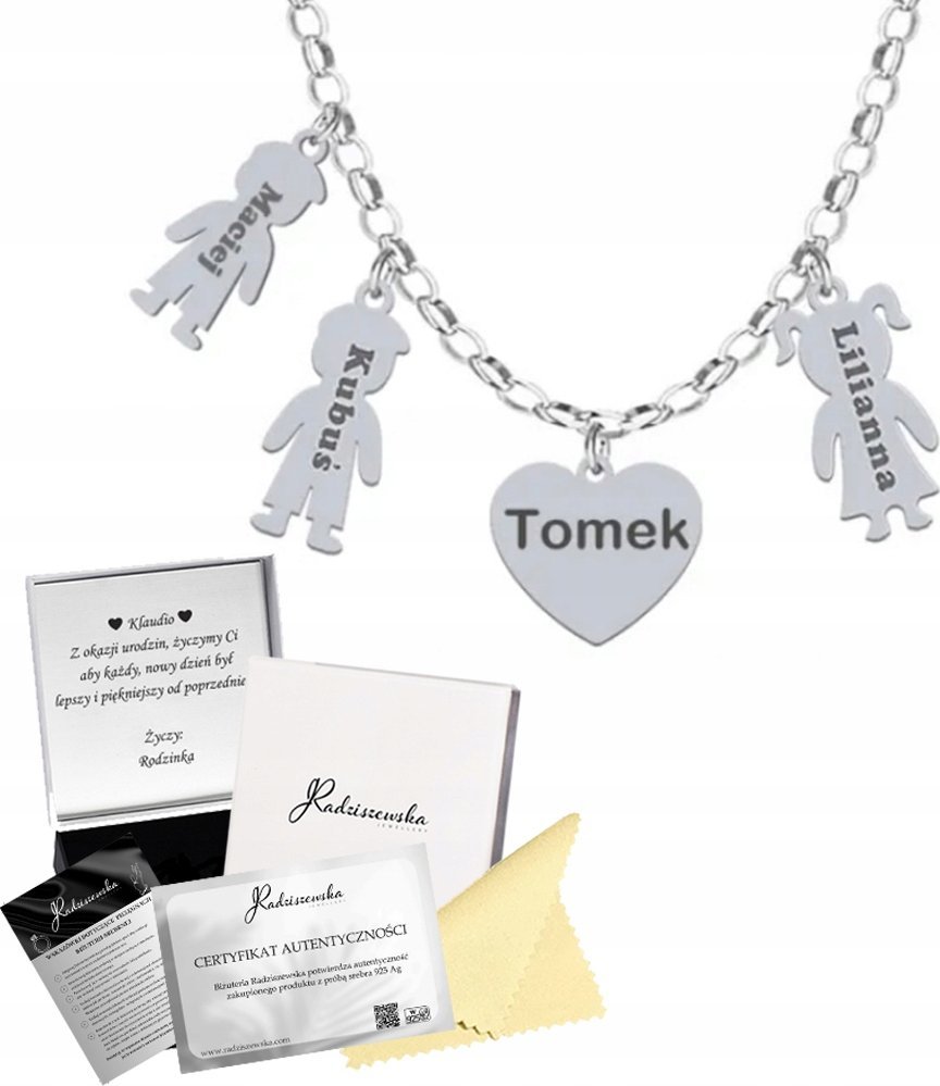 Radziszewska Jewellery Personalizowany Naszyjnik Srebrny Serce Dzieci Imię Dziecka 925 Dzień Matki