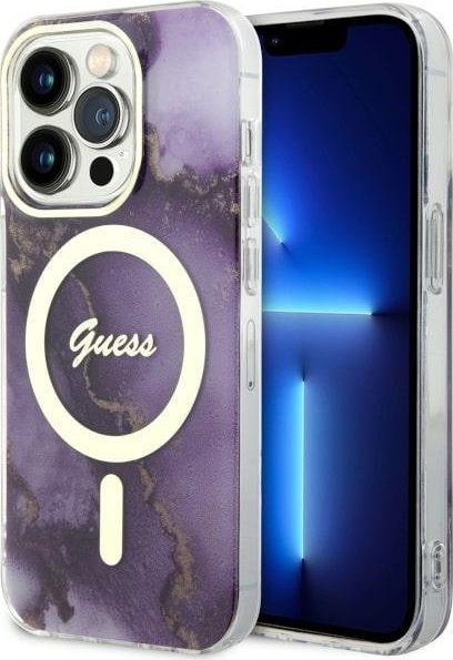 Guess Guess Golden Marble MagSafe - Etui iPhone 14 Pro (Purpurowy)
