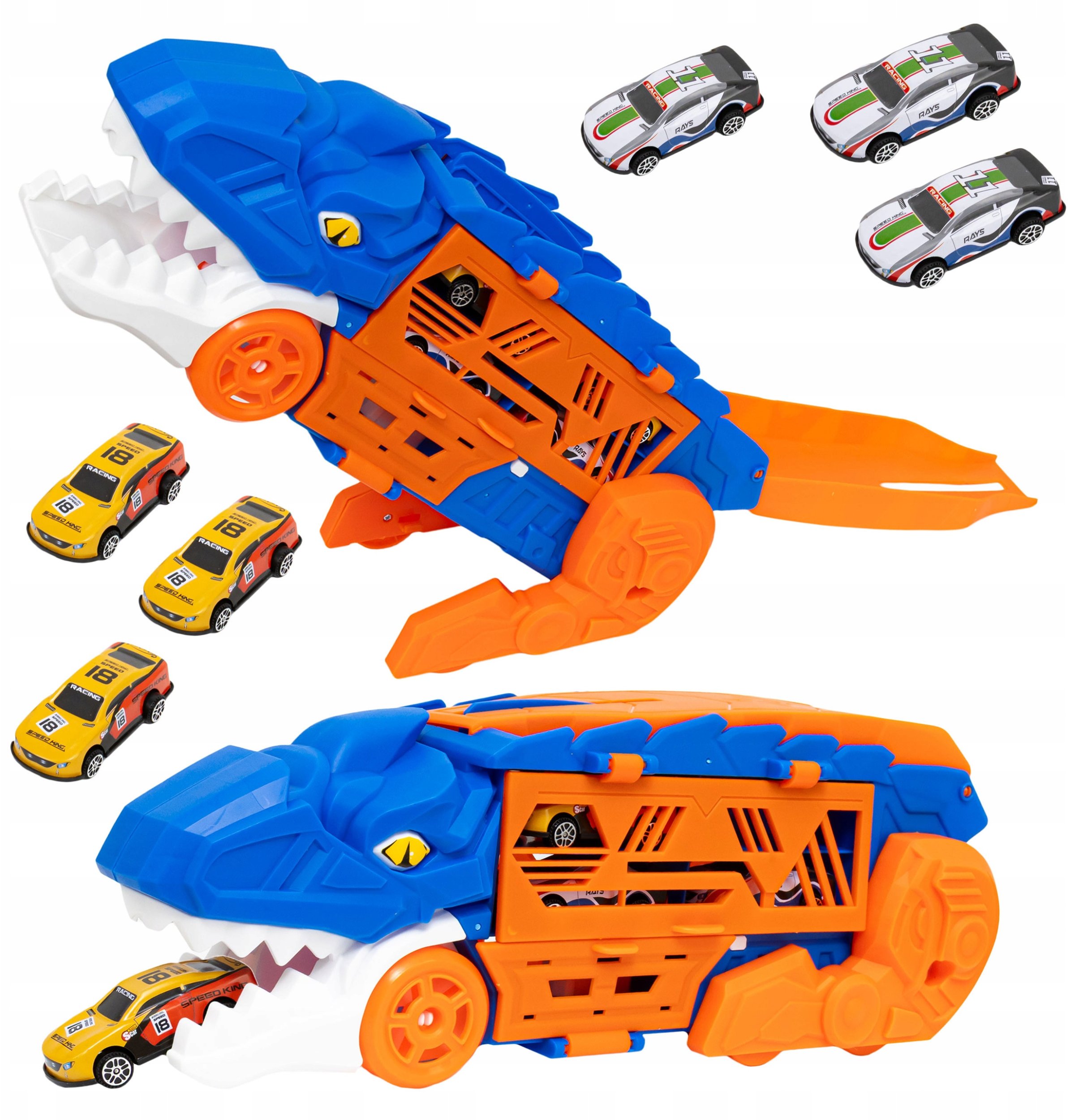 Ciężarówka Dinozaur Wyrzutnia Autek Transporter Zjeżdżalnia + 6 X Resoraki