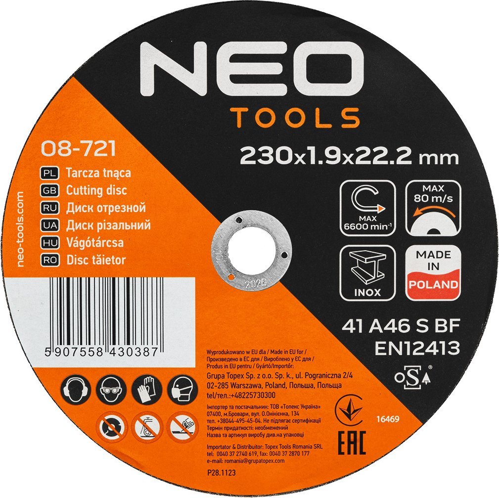 Neo Tarcze tnące do metalu/INOX 230 x 1.9 x 22,2mm, 41 A46-S-BF, 25 szt. kartonik. Wyprodukowano w PL