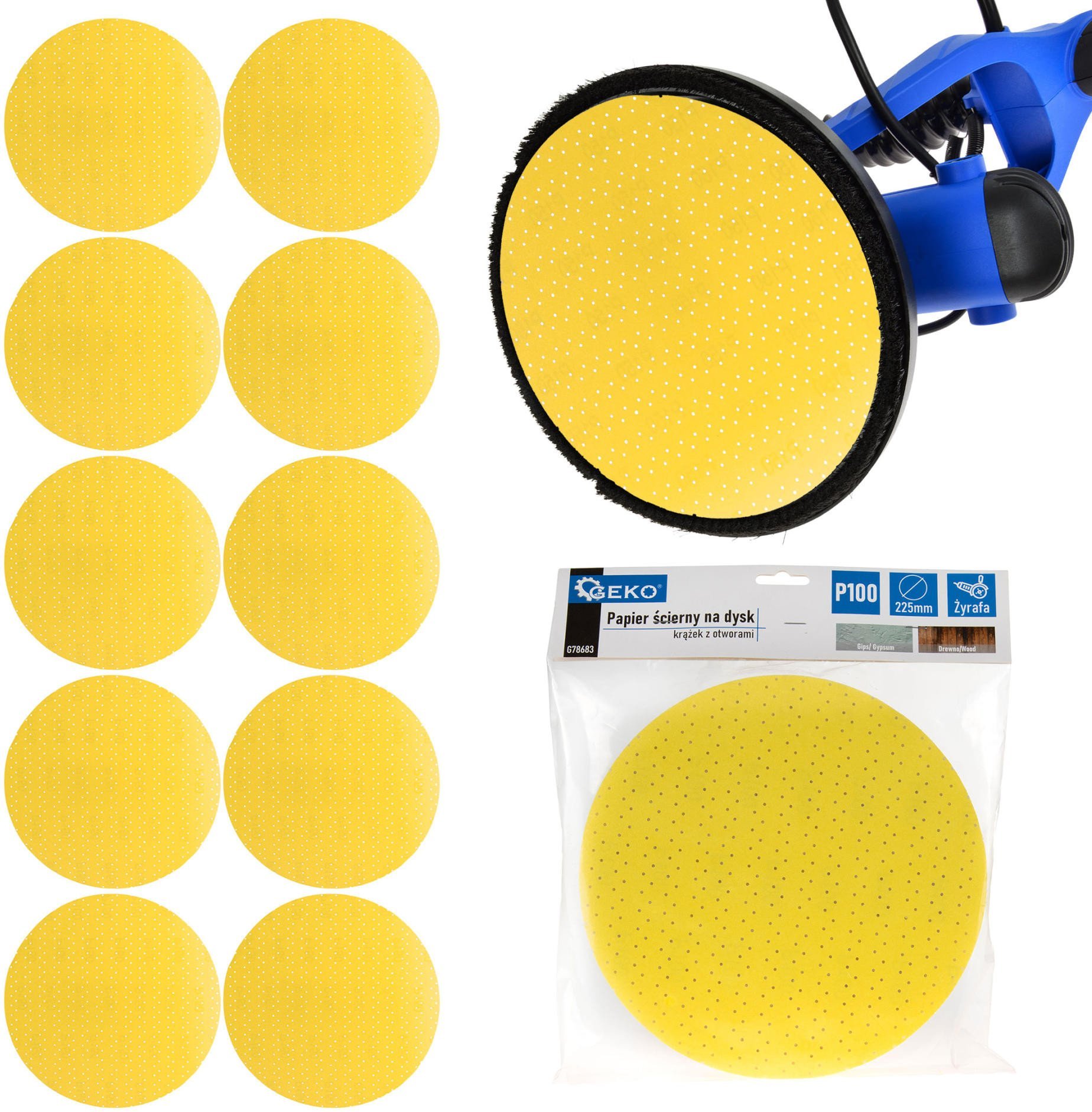 Geko Papier ścierny na dysk – krążek z otworami 225mm P100 /żyrafa/ (10/100/500)