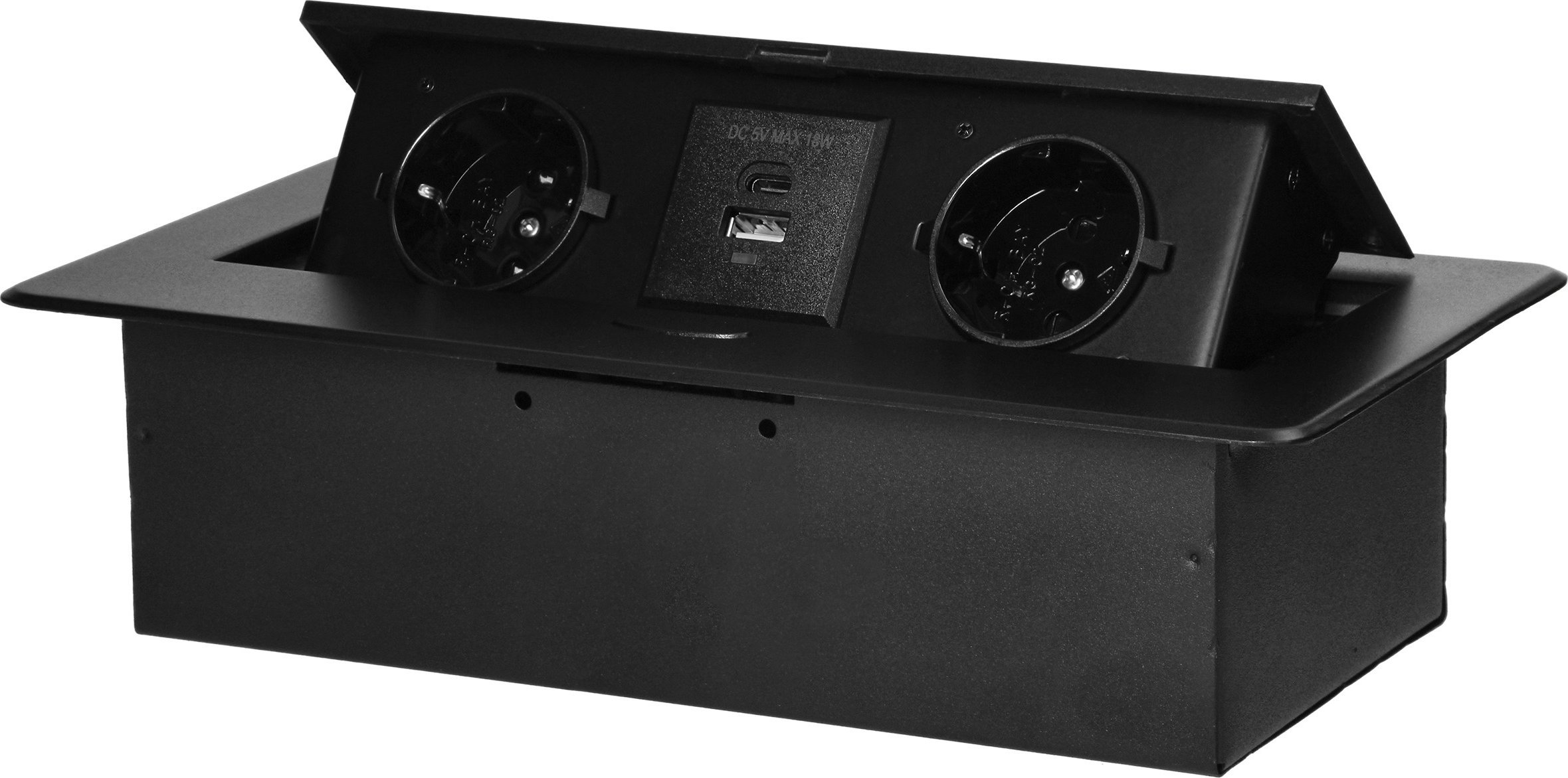 Orno Gniazdo meblowe wpuszczane w blat z płaskim frezowanym rantem i ładowarką USB, 2x2P+Z (Schuko),2x USB (typ A+C; 3,6A), czarne