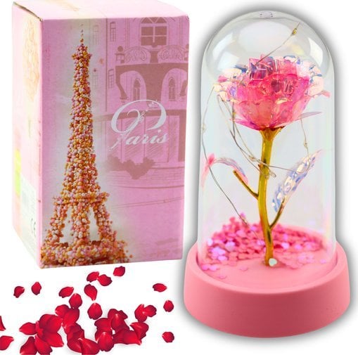 Wieczna Róża Kryształowa w Kopule z Oświetleniem LED Różowa 14x8cm
