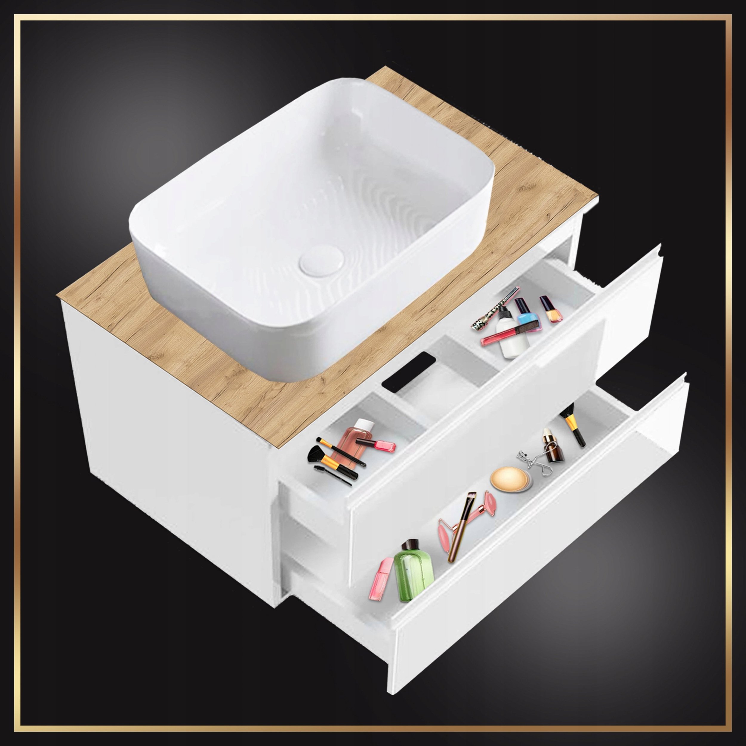 Szafka Wisząca Mod Biała z Blatem Dąb Złoty 80 Połysk Umywalka Nablatowa 50