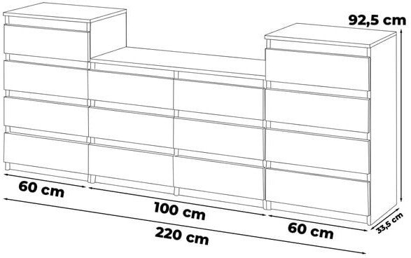 Komoda 14 Szuflad Nowoczesna Szafka Rtv Salon 220cm Loft Szary Dąb Wotan